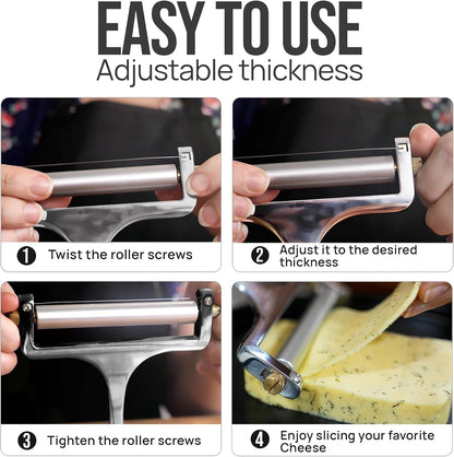 Stainless Steel Wire Cheese Slicer - Adjustable Hand Held Cheese Cutter with 2 Extra Wires - Premium Cheese Knife for Mozzarella, Cheddar, Gruyere - Cheese Cutter with Wire (Silver)5