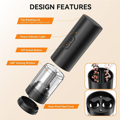 2 in 1 Electric Salt and Pepper Grinder Set, USB Rechargeable, Automatic Salt and Pepper Mill Shakers with Battery Display, LED Light, Adjustable Coarseness Ideal for Kitchen Gift(Black)7