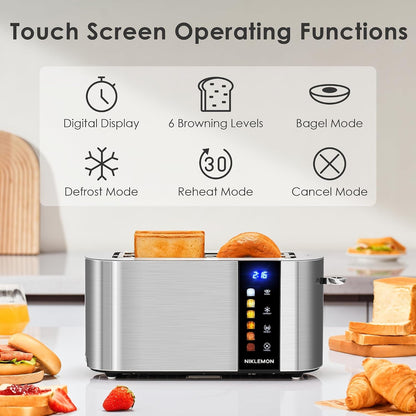 4 Slice Toaster,  Full Stainless Steel Toaster with LED Display, Touch Buttons with Long Extra Wide Slots, Bagel, Defrost, Reheat, Cancel Functions, Removable Crumb Tray, 1300W2