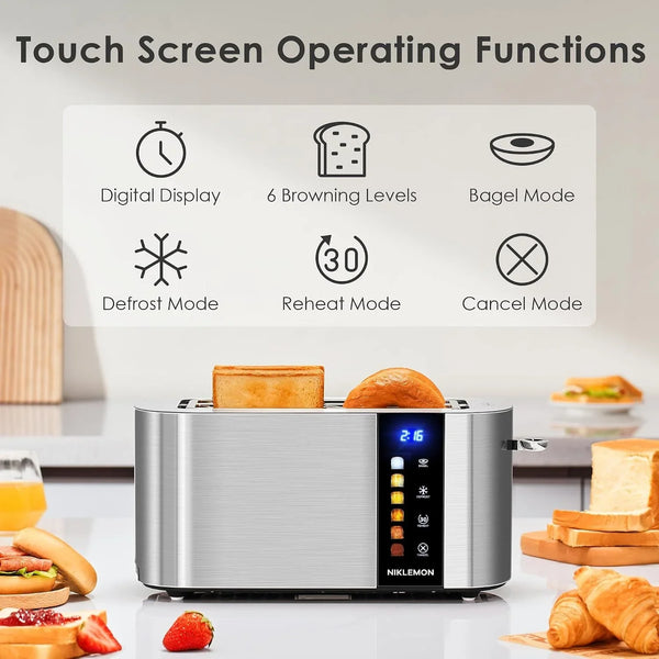 4 Slice Toaster,  Full Stainless Steel Toaster with LED Display, Touch Buttons with Long Extra Wide Slots, Bagel, Defrost, Reheat, Cancel Functions, Removable Crumb Tray, 1300W2