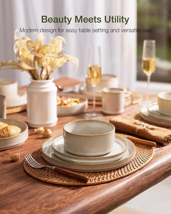 Star Stoneware Dinnerware Set, Reactive Glaze Plates & Bowls for 42
