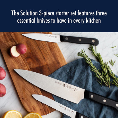 Henckels Solution 3-Pc Starter Knife Set, Razor-Sharp, German Engineered | Informed by 100+ Years of Mastery. Dishwasher Safe, Ergonomic Handles, Durable Single Piece Stamped Blade Construction.3