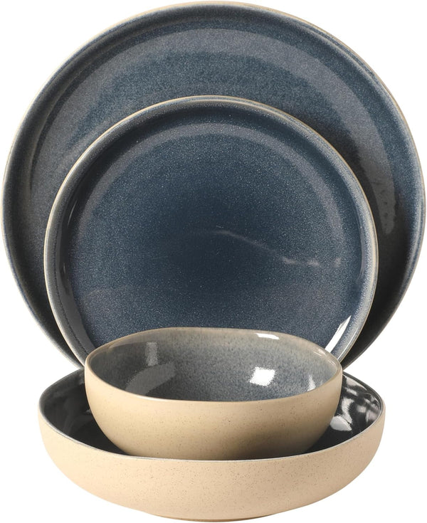 Manila Bay 16-Piece Stoneware Dinnerware Set, Service for 4, Reactive Glaze Modern Artisan Plates, Bowls & Mugs, Assorted Colors, round Design7
