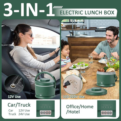 Electric Lunch Box for Adults 40 Oz Portable Food Warmer 12V/24V/110V/220V Heated Lunch Box for Work, Office, Car, Travel, Home Use (Green)3