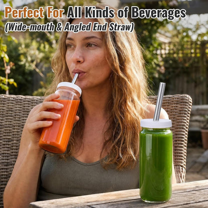 8 PACK 16OZ Glass Juice Bottles with 8 Sealed Lids & 2 Straw Lids & Straws | Food Grade Thick Glass, Freezable, Airtight Juicer Container, Travel Juicing Jars, Drinking Water Cups for Tea, Smoothies6