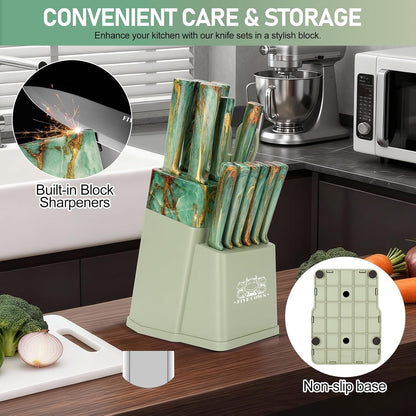 16-Piece Kitchen Knife Block Set with Cutting Board - German Stainless Steel Knives, Built-In Sharpener, Dishwasher Safe, Anti-Slip Handle - All-In-One Cutlery Set for Home/Kitchen (Cyan)5