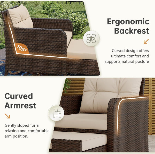 5 Piece Patio Furniture Set, PE Wicker Outdoor Furniture Set with Soft Cushions & Coffee Table, Outdoor Lounge Chairs with Ottoman for Porch, Lawn, Balcony, Khaki-Beige2