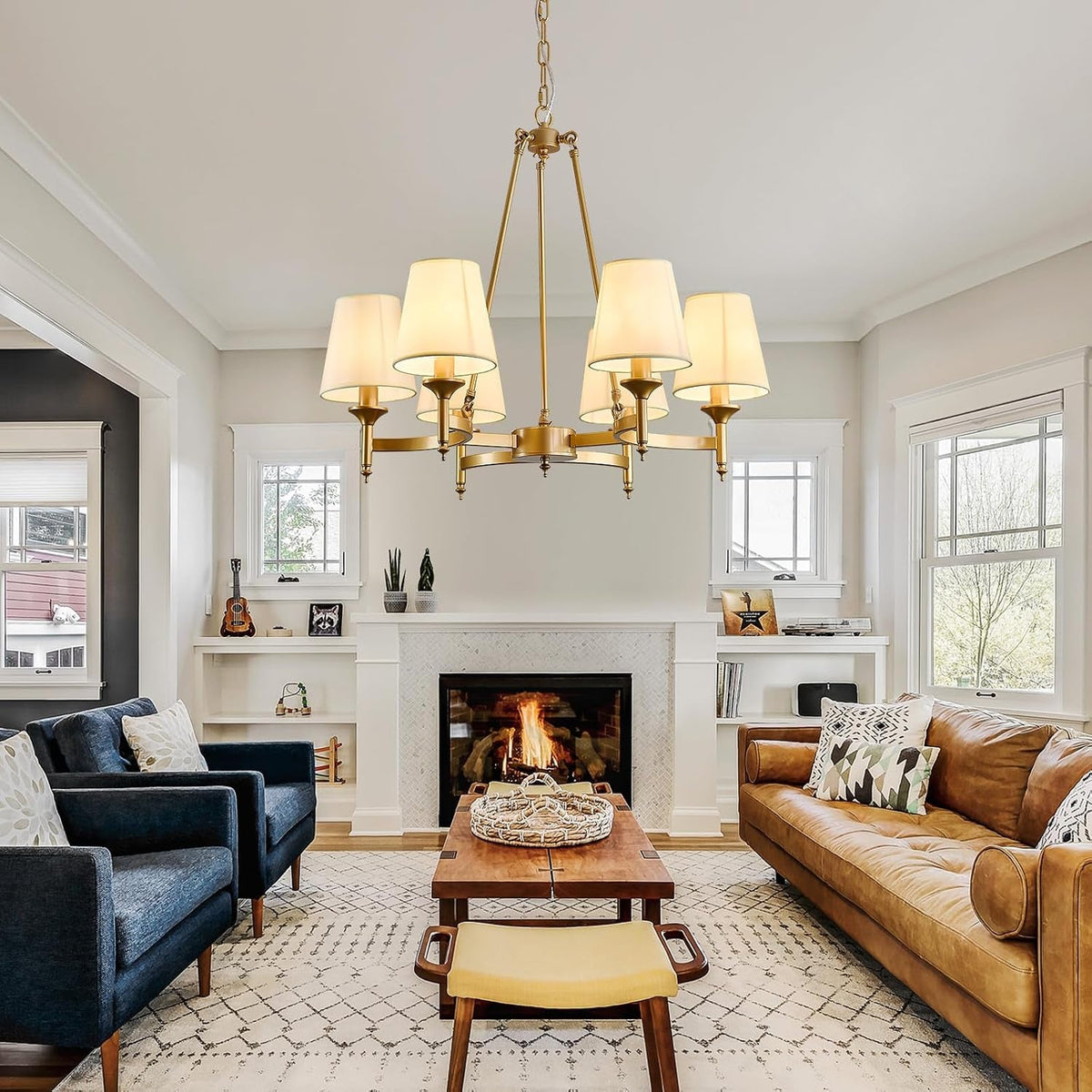 gold-wagon-wheel-chandelier-with-white-linen-shade-6-light-industrial-ceiling-light-fixture-26-8inch-large-farmhouse-hanging-pendant-light-for-dining-living-room-kitchen-bedroom-entryway-foyer