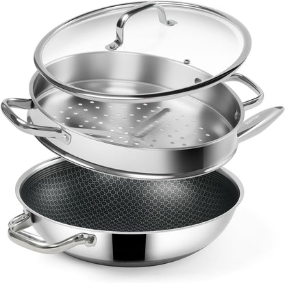 Hybrid 12-Inch Wok with Steamer,Nonstick Stainless Steel Woks & Stir-Fry Pans with Lid,Stay-Cool Handle,Pfoa Free Cookware,Dishwasher and Oven Safe, Works on Induction1