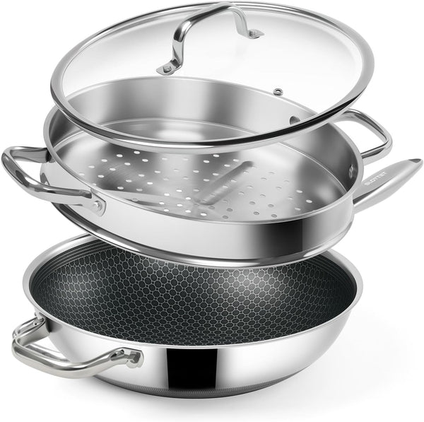 Hybrid 12-Inch Wok with Steamer,Nonstick Stainless Steel Woks & Stir-Fry Pans with Lid,Stay-Cool Handle,Pfoa Free Cookware,Dishwasher and Oven Safe, Works on Induction1