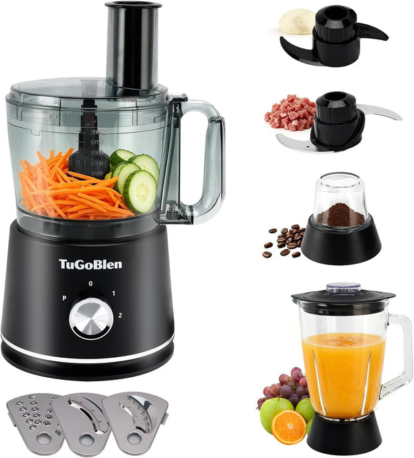 10 Cup Food Processor, Glass Blender and Grinder,5 Food Blades | Kneading/Chopping/Shredding/Slicing/French Fry Blades for Vege,Fruits,Meats,Beans1