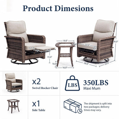 3 Piece Patio Furniture Set, Swivel Rocking Recliner Chairs with Footrests4