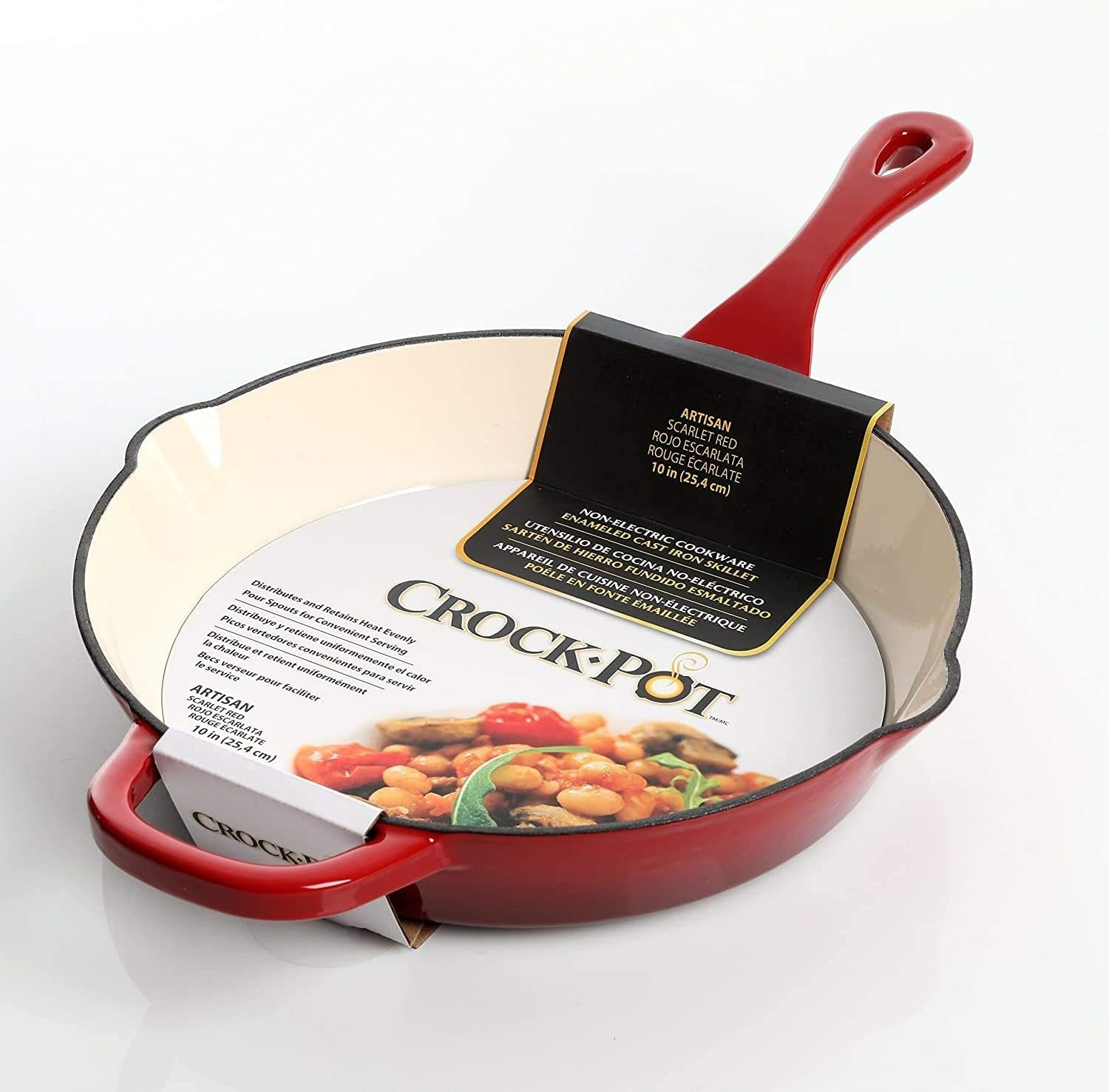 crock-pot-10-inch-enameled-cast-iron-skillet-with-handles-ideal-for-searing-roasting-frying-even-heat-distribution-pour-spouts-oven-safe-stovetop-safe-red