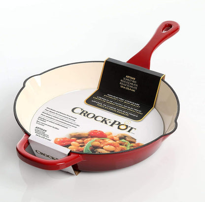 Crock-Pot 10 Inch Enameled Cast Iron Skillet with Handles - Ideal for Searing, Roasting, Frying - Even Heat Distribution, Pour Spouts - Oven-Safe & Stovetop Safe (Red)3