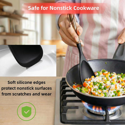 2-Pack Silicone Spoonula with Wooden Handle, Bpa-Free Spatula Spoon for Nonstick Cookware, Heat Resistant Cooking Spoon for Mixing, Scraping, Scooping and Serving(Black)4