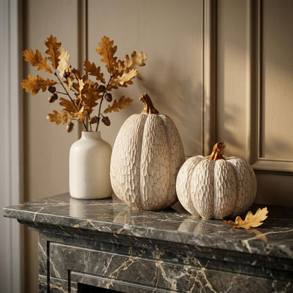 Fall Pumpkin Decor, Set of 2 Resin Pumpkins, Thanksgiving Decor | Elegant Textured White Pumpkins, Fall Decor Accent for Thanksgiving Table Centerpiece, Mantel, Shelf and Autumn Home Decor.2