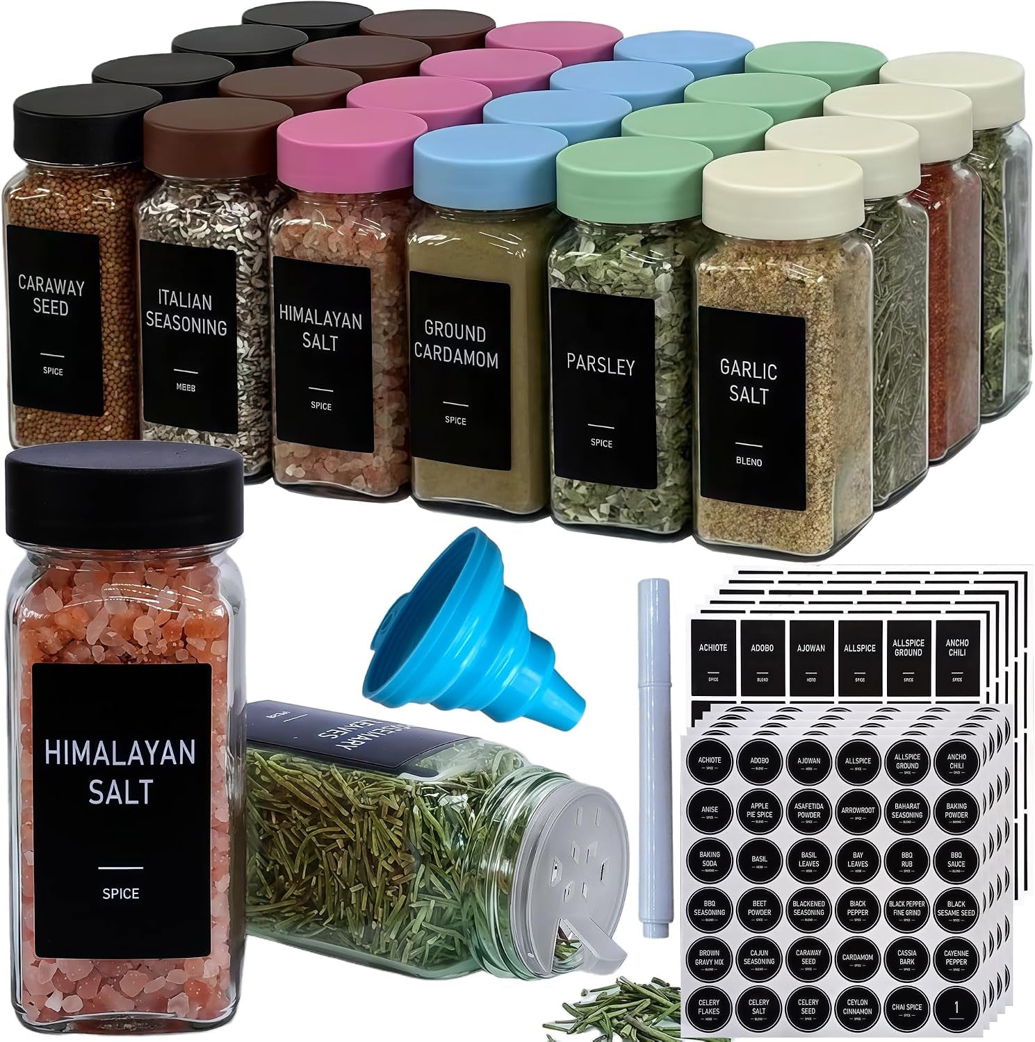 spice-jars-with-labels-24-glass-spice-with-shaker-lids-airtight-plastic-caps-4oz-complete-seasoning-containers-organizer-set-for-cabinet-drawer-rack-black