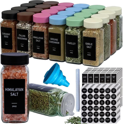 Spice Jars with Labels - 24 Glass Spice with Shaker Lids & Airtight Plastic Caps - 4Oz Complete Seasoning Containers Organizer Set for Cabinet, Drawer & Rack (Black)1