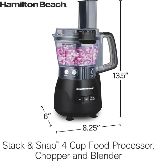 Stack & Snap 4-Cup Mini Food Processor & Vegetable Chopper | 250 Watts | Stainless Steel Quad Blade | Easy-Assembly Leak-Proof Bowl | Slicing, Shredding, and Puree | Black | 705108
