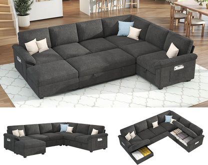 105" Sofa Bed, Sectional Sleeper Sofa with Pull Out Bed/Reclining Backrest, Sleeper Couch Bed with Storage, 6 Seater Couch Bed for Living Room, Chenille Dark Gray1