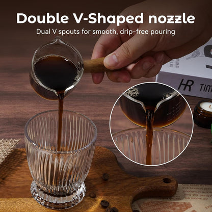 2 Pack Espresso Shot Cups Measuring Cups, 4 FL OZ Wooden Handle V-Shaped Double Spout Espresso Shot Glass, Coffee Bar Essentials, Coffee Accessories8