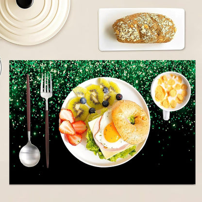 Placemats Set of 6 Linen Washable Kitchen Dining Green Glitter Table Mats Stain Heat-Resistant Desktop Décorplace Mats for Home Party Indoor 12X18 In2