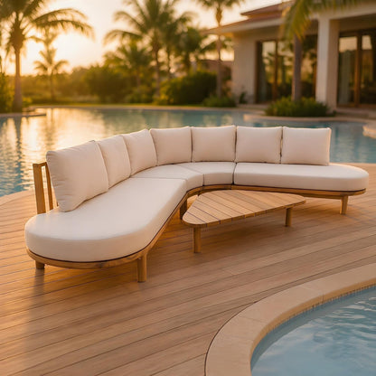 Gemsy 118" Acacia Wood Outdoor Patio Furniture Set with Cushion, Outdoor Half Moon Curved Sectional Sofa Set with Coffee Table, Patio Sectional Sofa Set, Beige+Light Teak4