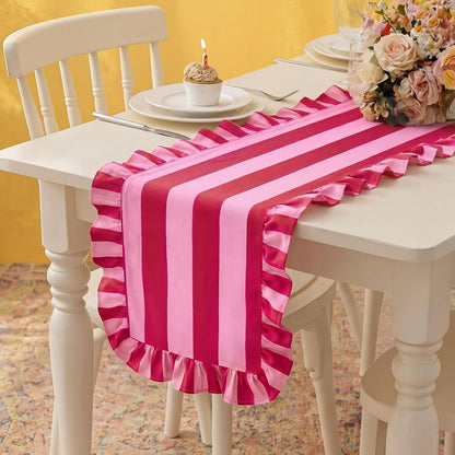Ruffle Edge Striped Table Runner, 72X15.7 Inch, Pink Rose Red1