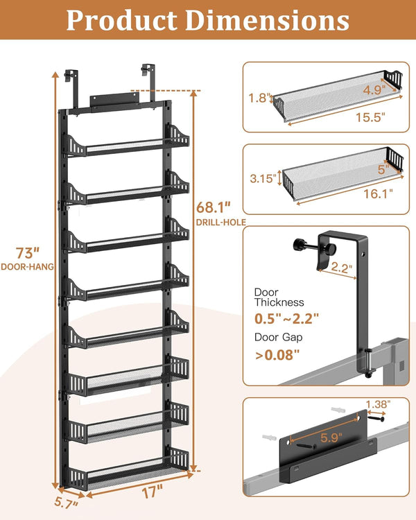 8-Tier over the Door Pantry Organizer, Large Metal Door Spice Rack with Adjustable Basket, 2 in 1 Wall Mount or Hanging Heavy-Duty Pantry Door Storage Shelf for Kitchen and Bathroom, Black6