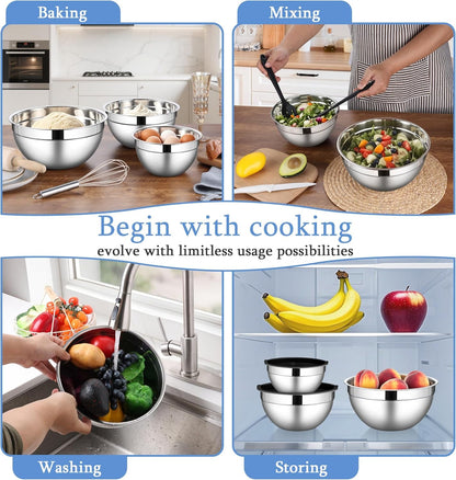 Mixing Bowls with Lids Set of 3, Stainless Steel Nesting Metal Bowls4