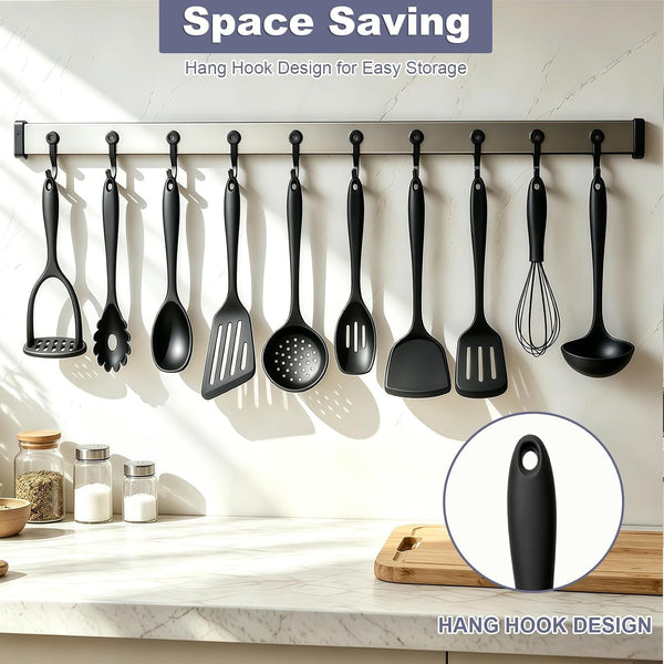 Thickened Silicone Cooking Utensils Set, 10Pcs Nonstick Kitchen Utensil Set with Solid Handle, Heat Resistant Silicone Spatula Set for Cooking, BPA Free Utensils Set with Potato Masher(Black)3