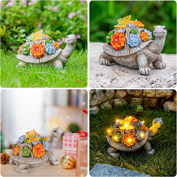 Solar Garden Outdoor Statues with Succulent and 7 LED Lights - Lawn Decor Tortoise Statue for Patio, Balcony, Yard Ornament - Unique Housewarming Gifts (Gray Turtle)6