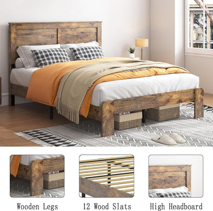 Wood Queen Bed Frame with Headboard, Vintage Brown5