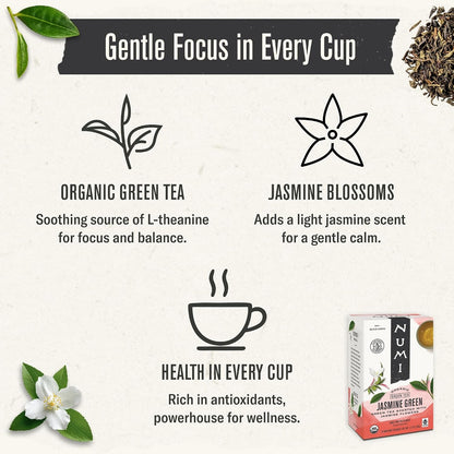 Numi Organic Jasmine Green Tea, 18 Green Tea Bags with Real Jasmine Flowers | Green Tea Leaves Scented with Real Jasmine Flowers3