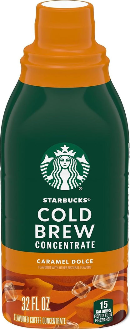 Starbucks Cold Brew Coffee Concentrate, Caramel Dolce Flavored Iced Coffee, 32 Fl Oz | 100% Arabica Cold Brew Concentrate; Natural Caramel Dolce Flavor; Mix with Water; 32 Fl Oz Multi-Serve Bottle1
