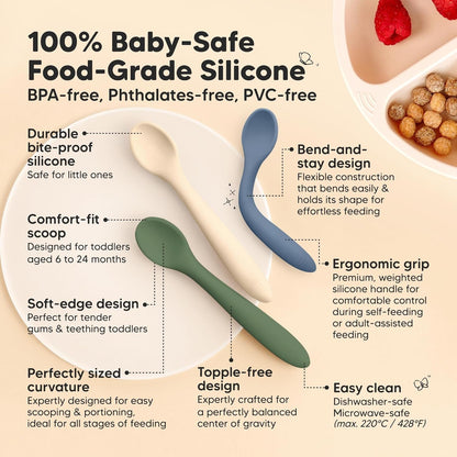 Silicone Baby Spoons Self Feeding 6-12 Months, 3-Pack (Slate) | Large Scoop, Baby Led Weaning Utensils, First Food Training Spoon, Toddler, Kids Eating Essential, Dishwasher-Safe, Bpa-Free3