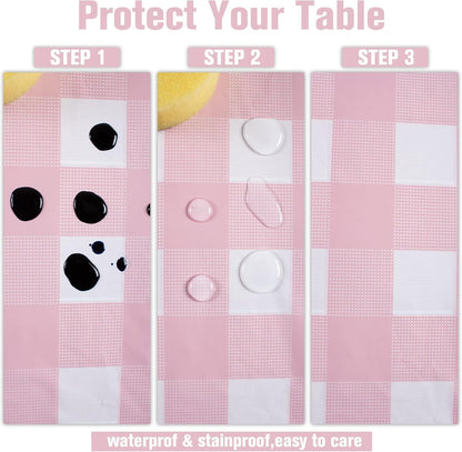 3 Packs Pink Gingham Tablecloth Pink and White Checkered Tablecloths 54 X 108 Inches Disposable Plastic Gingham Tablecovers Waterproof Rectangle Picnic Table Covers for Birthday Party Supplies3