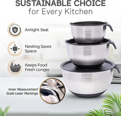 Stainless Steel Mixing Bowls Set of 3, Large Nesting Bowls with Airtight Lids for Food Prep, Cooking, Baking, Salad, and Outdoor Dining (Black, 3 Pcs)7