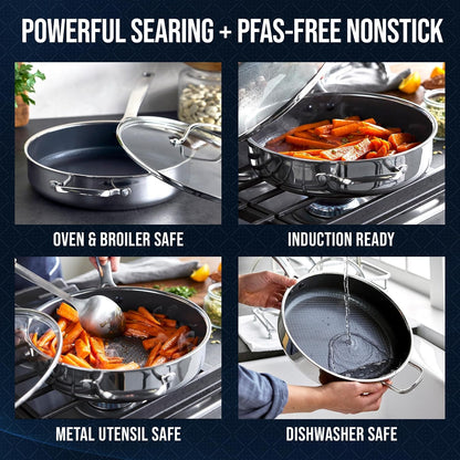 Hybrid Nonstick Stainless Steel 4QT Saute Pan with Glass Lid, Pfas-Free Ceramic Diamond Bond, Deep Jumbo Skillet, Induction Ready, Dishwasher & Metal Utensil Safe, Stay-Cool Handle3