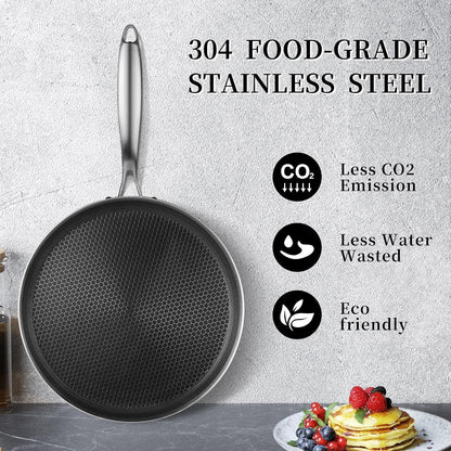 12 Inch Stainless Steel Crepe Pan,Nonstick Dosa Tawa | Honeycomb Nonstick Coating, Pfoa-Free.Compatible with All Stoves. Easy to Clean.Oven Safe&Dishwasher Safe3