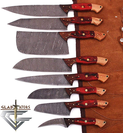 G29RD- Professional Kitchen Knives Custom Made Damascus Steel 8 Pcs of Utility Chef Knife Set with Chopper/Cleaver Pocket Case Roll Bag (Red)1