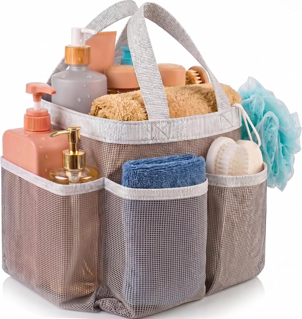 mesh-shower-caddy-7-pocket-portable-organizer-tote-for-college-dorm-gym-travel-bathroom-quick-dry-collapsible-lightweight-shower-bag-with-handle-gray