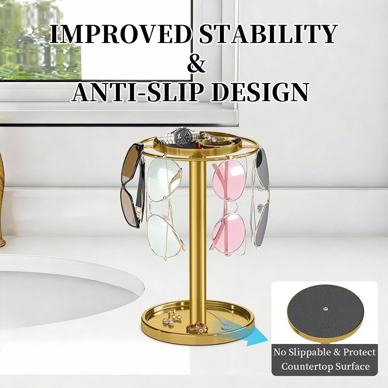 360-rotating-sunglasses-organizer-glasses-holder-with-organizer-tray-stainless-steel-eyeglasses-holder-with-storage-base-for-dresser-desk-table-nightstand-home-decor-gold