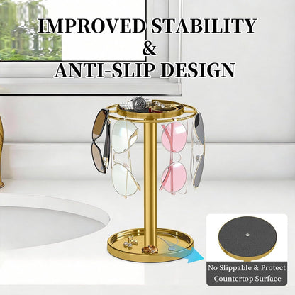 360° Rotating Sunglasses Organizer, Glasses Holder with Organizer Tray | Stainless Steel Eyeglasses Holder with Storage Base for Dresser, Desk Table, Nightstand & Home Decor, Gold5