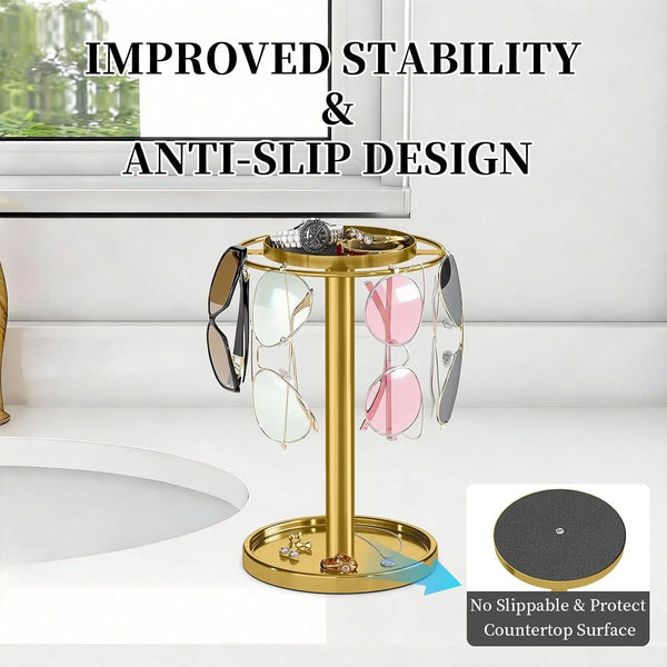 360° Rotating Sunglasses Organizer, Glasses Holder with Organizer Tray | Stainless Steel Eyeglasses Holder with Storage Base for Dresser, Desk Table, Nightstand & Home Decor, Gold5