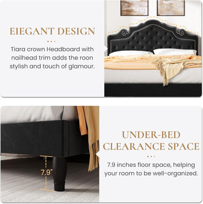 Queen Bed Frame with Adjustable Headboard/Velvet Upholstered/Diamond Button Tufted and Metal Studs/No Box Spring Needed/Wood Slat Support/Easy Assembly/Black7