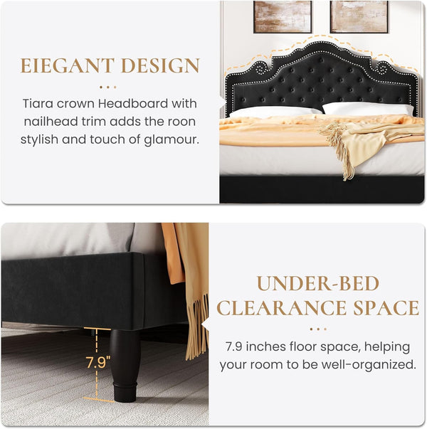 Queen Bed Frame with Adjustable Headboard/Velvet Upholstered/Diamond Button Tufted and Metal Studs/No Box Spring Needed/Wood Slat Support/Easy Assembly/Black7