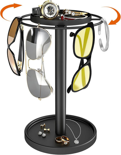 360° Rotating Sunglasses Organizer, Glasses Holder with Organizer Tray | Stainless Steel Eyeglasses Holder with Storage Base for Dresser, Desk Table, Nightstand & Home Decor, Black1