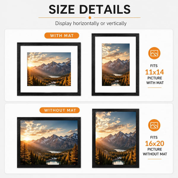 Wood 16X20 Picture Frame with 11X14 Mat Black, Display 11X14 with Mat or 16X20 without Mat, Wood 16 by 20 Photo Frame, 16 X 20 Frame for Wall Hanging Display, Black, 2 Pack3