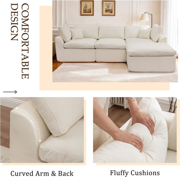 110" Cloud Sectional Couches for Living Room, Modern Modular Sectional Sofa with Ottoman, Boneless Cloud Couch with Comfy Deep Seats, Fluffy Chenille L-Shape Sofa Couch for Living Room, Beige5